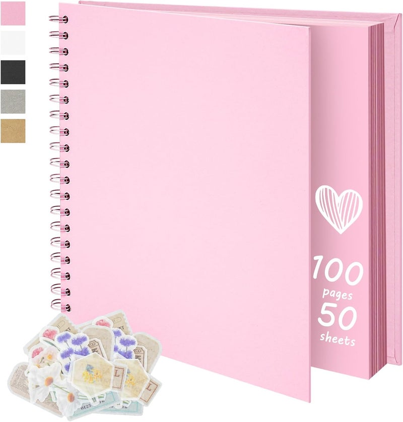 Remowith 10X10 Inch DIY Scrapbook Photo Album, Kraft Blank Paper Scrap Book 100 Pages Memory Book for Wedding Family, Pink - Image 1